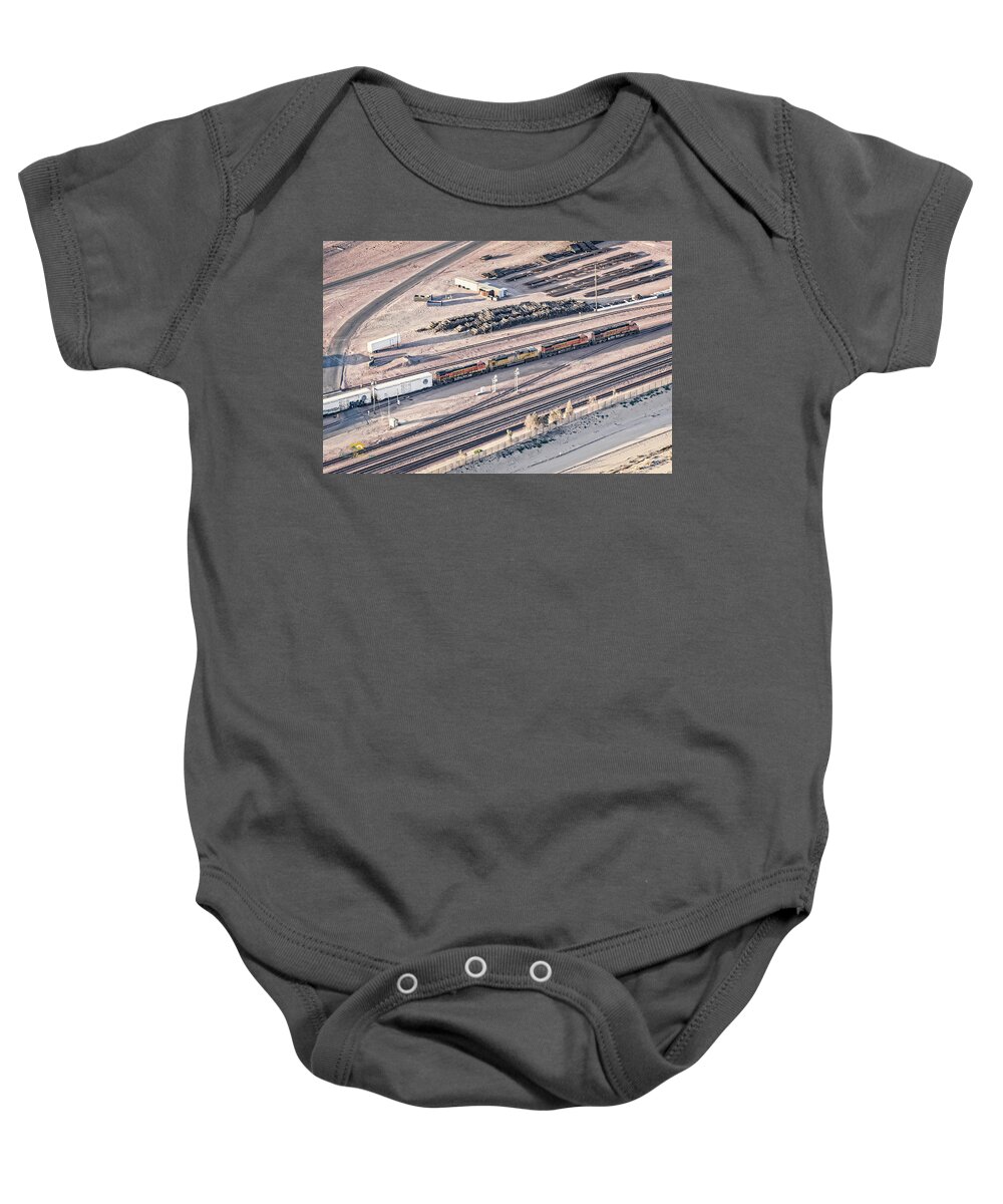 Aerial Shots Baby Onesie featuring the photograph Barstow Rail Yard 6 by Jim Thompson