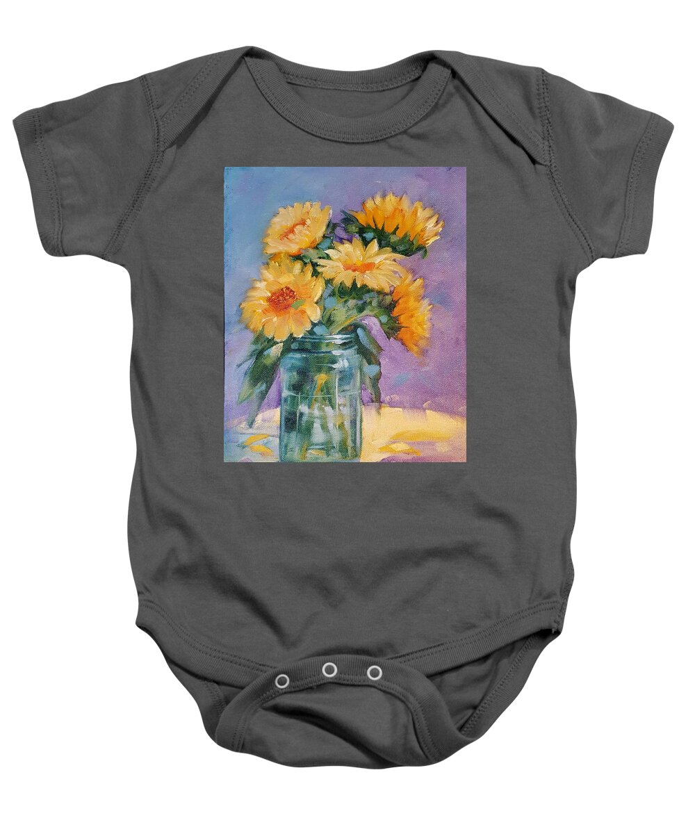 Sunflowers Baby Onesie featuring the painting 5 Sunflowers by Judy Fischer Walton