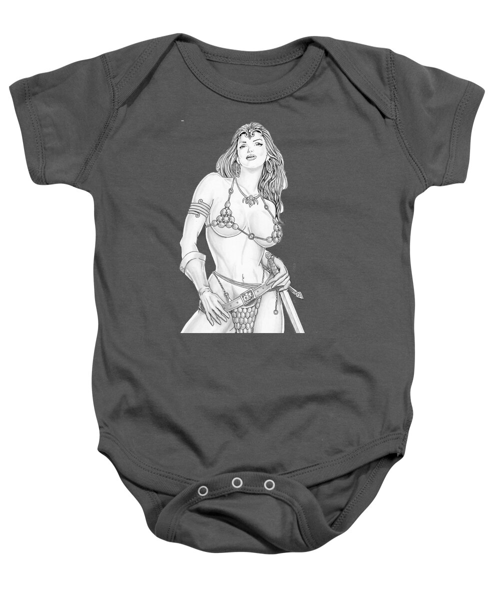 Red Baby Onesie featuring the drawing Red Sonja #7 by Bill Richards