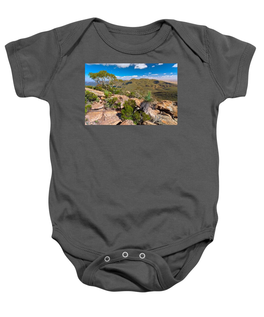 Wilpena Pound Flinders Ranges Outback Landscape Landscapes South Australia Australian Gum Trees Mountains Rock Outcrop Baby Onesie featuring the photograph Wilpena Pound #7 by Bill Robinson