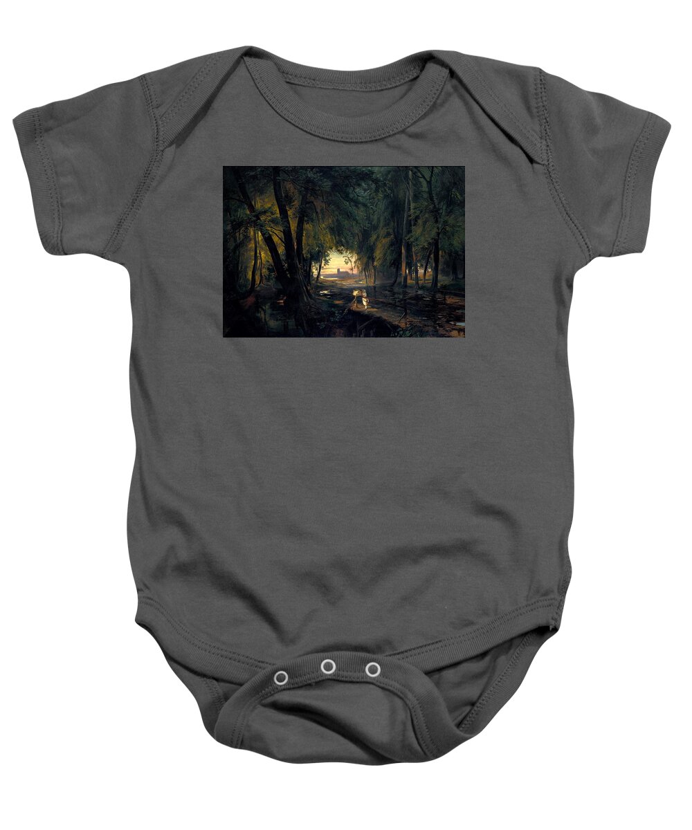 Forest Path Near Spandau By Carl Blechen Baby Onesie featuring the painting Forest path near Spandau #8 by MotionAge Designs