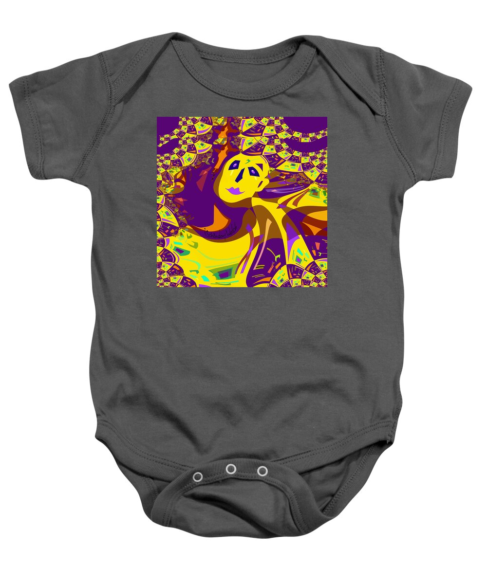 874 Baby Onesie featuring the digital art 874 - Mellow yellow clown lady - 2017 by Irmgard Schoendorf Welch