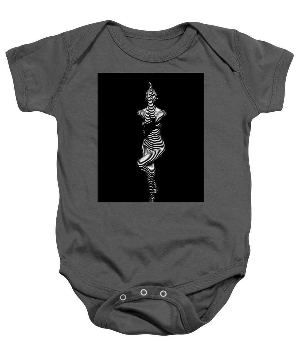 Yoga Baby Onesie featuring the photograph 9486-DJA Yoga Woman Illuminated in Stripes Zebra Black White Absraction Photograph by Chris Maher by Chris Maher
