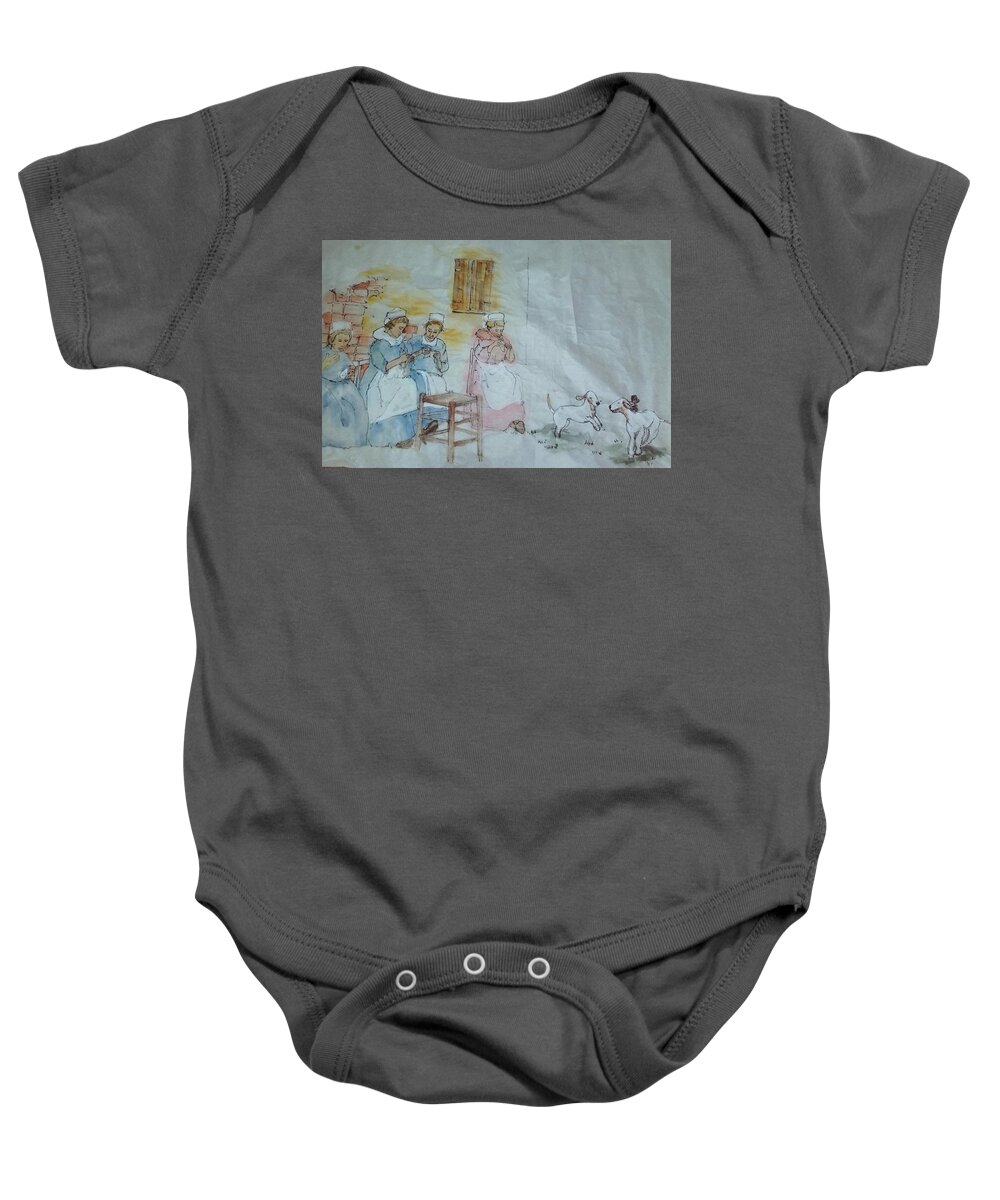 The Netherlands. Cityscape.  Lacemaking. Bedlington Terrier.  Baby Onesie featuring the painting a big look at Netherlands. by Debbi Saccomanno Chan