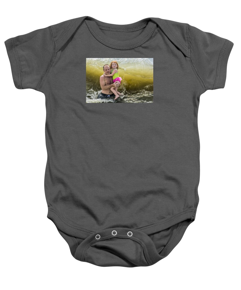 Beach Baby Onesie featuring the photograph A Father, A Daughter, and A Big Wave by WAZgriffin Digital