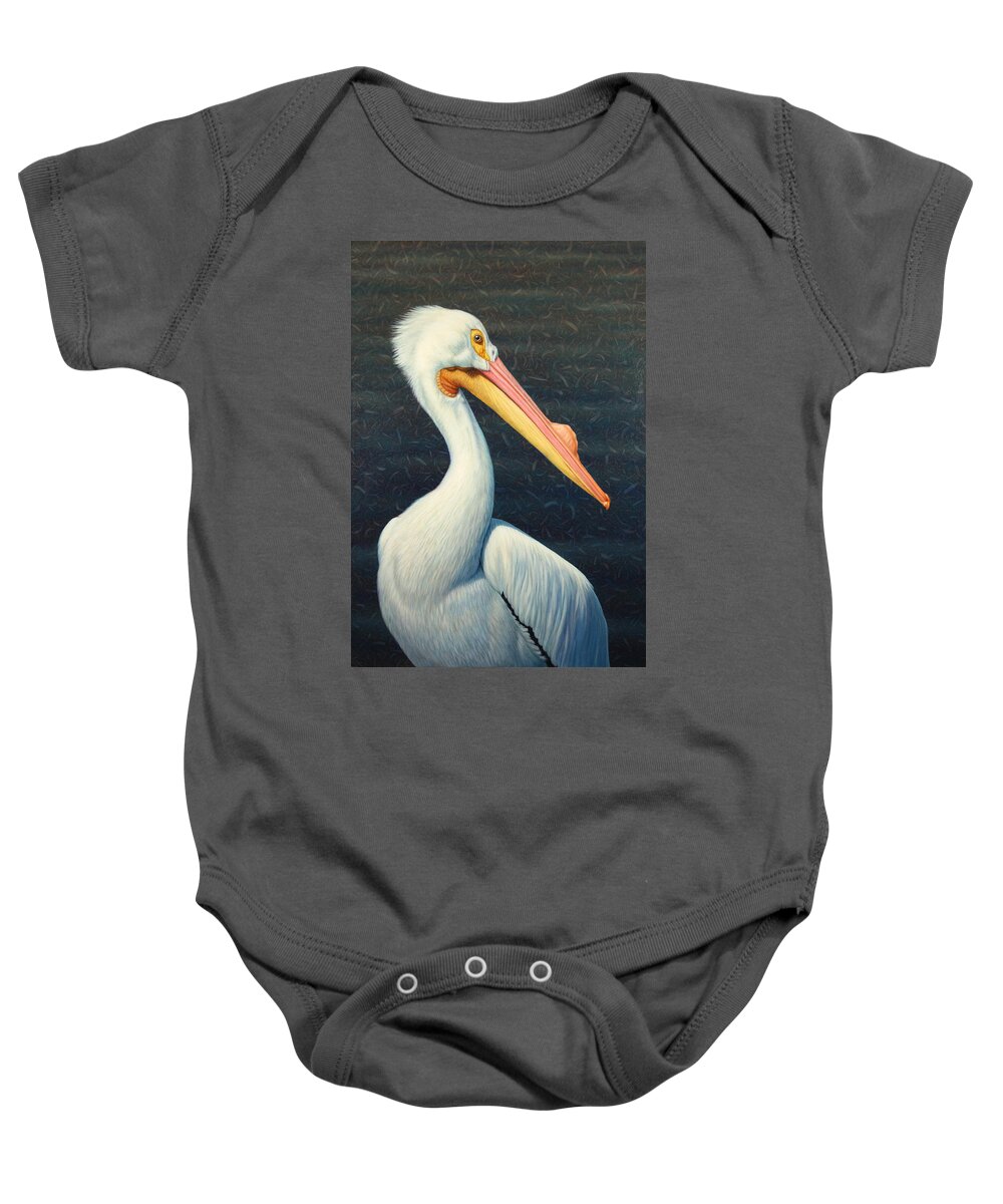Pelican Baby Onesie featuring the painting A Great White American Pelican by James W Johnson