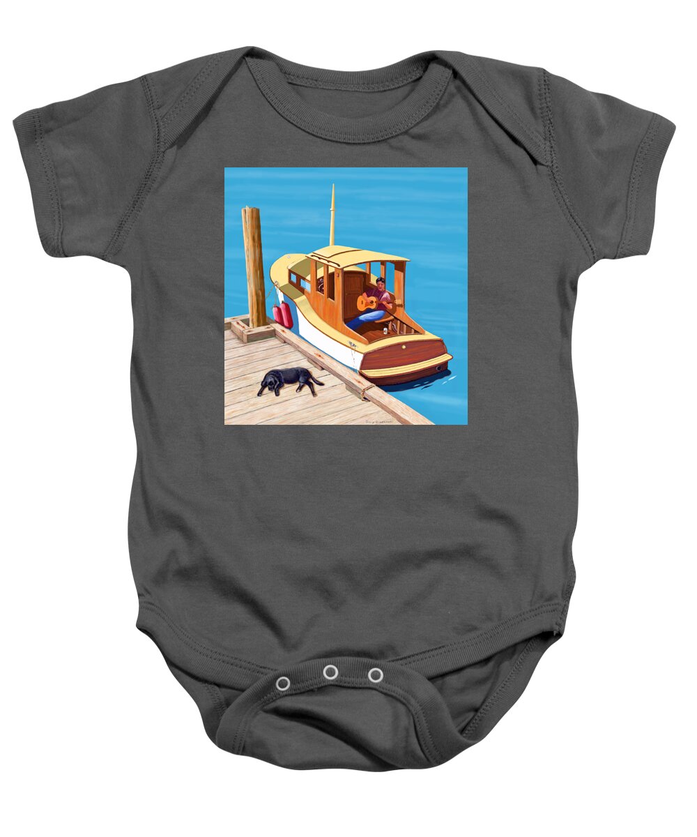 Man Dog Boat Wooden Boat Classic Watercraft Sailing Sailboat Motorboat Criss Craft Cabin Cruiser Marina Harbor Wharf Landing Moorage Anchorage Sea Lake Ocean Stream River Slew Boating Sailing Sailor Labrador Retriever Harbor Dock River Stream Lake Ocean Guitar Player Baby Onesie featuring the digital art A man, a dog and an old boat by Gary Giacomelli