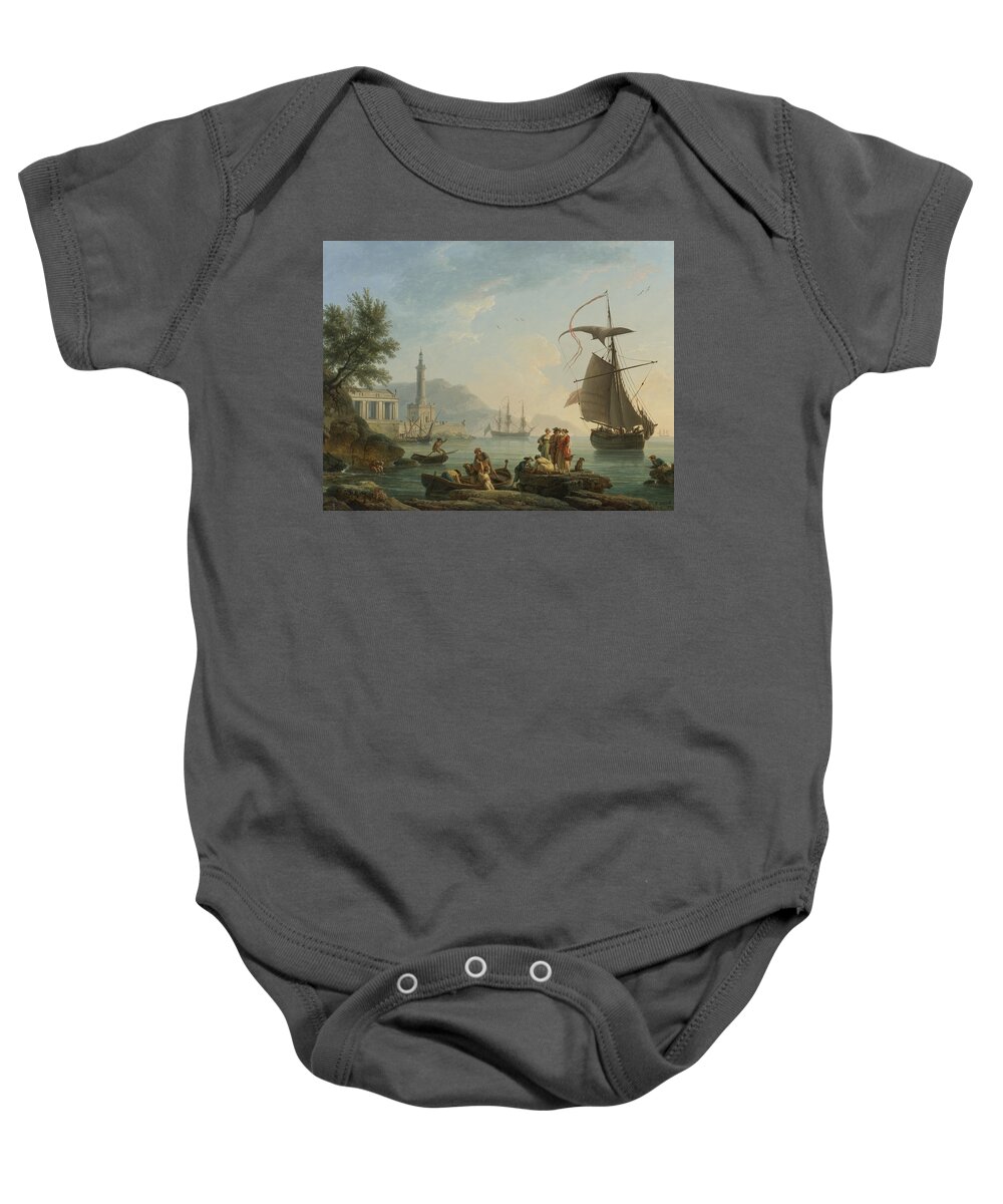 Claude Joseph Vernet Baby Onesie featuring the painting A Mediterranean Harbor At Sunset With Fisherfolk At The Water's Edge by Celestial Images