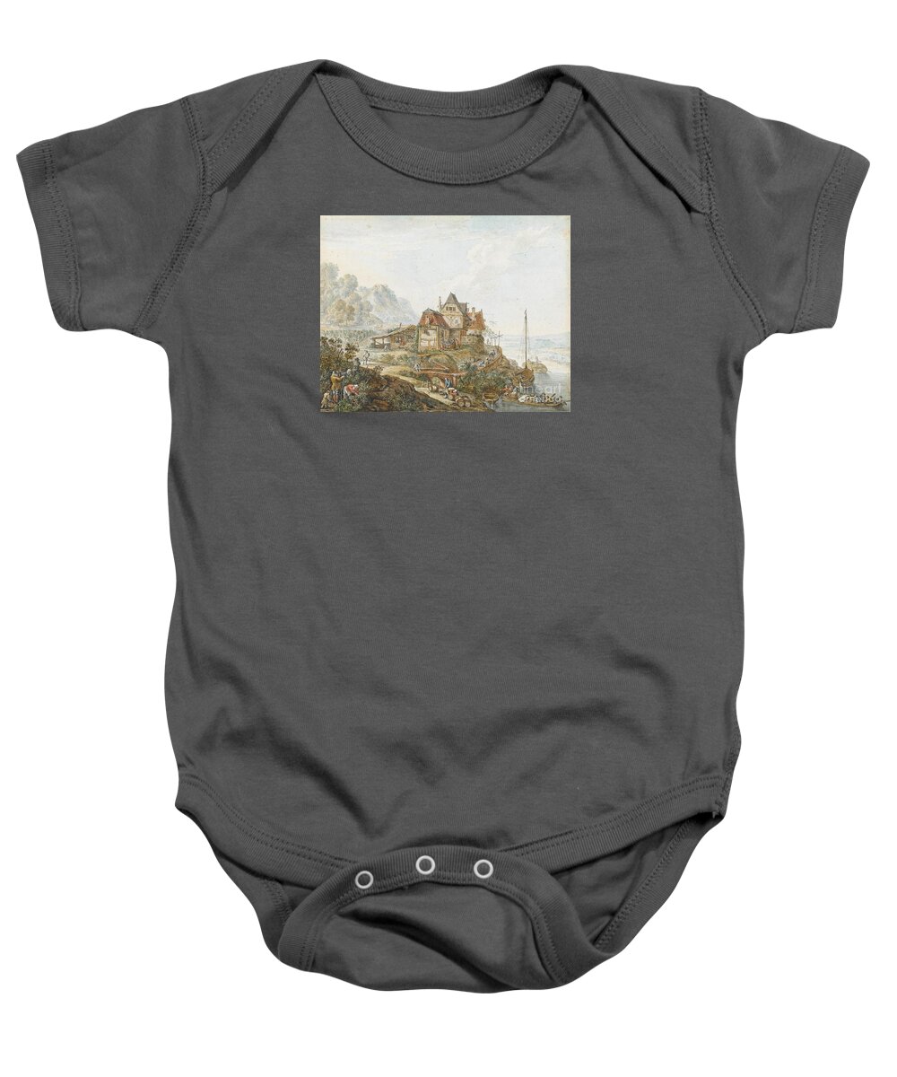 Jacob Van Strij (dordrecht 1756 - Dordrecht 1815) Baby Onesie featuring the painting A Rhine Landscape with Peasants at Work by MotionAge Designs
