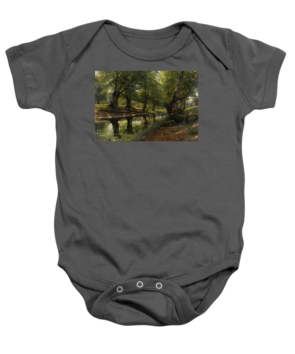 19th Century Art Baby Onesie featuring the painting A Stream through the Valley, Deer in the Distance by Peder Monsted