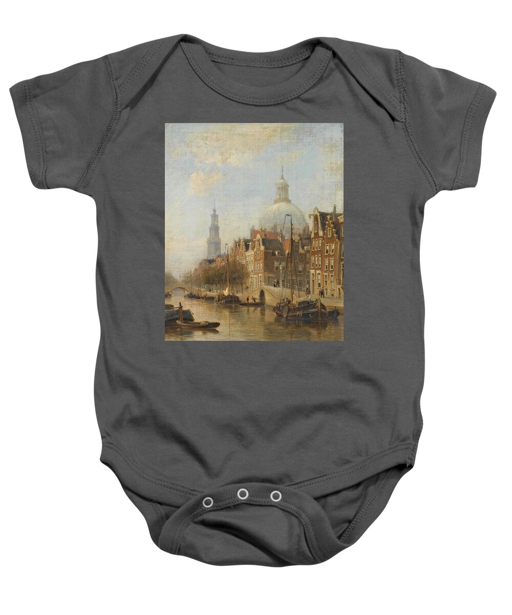 Cornelis Christaan Dommelshuize Baby Onesie featuring the painting A View Of An Amsterdam Canal, by Cornelis Christaan Dommelshuize
