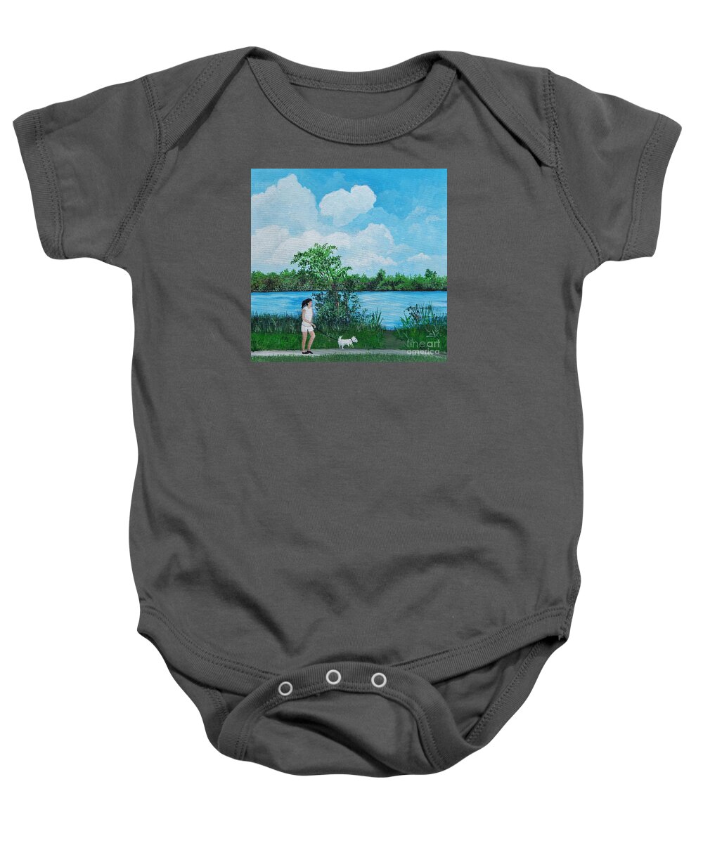 Montreal Baby Onesie featuring the painting A Walk Along the River by Reb Frost
