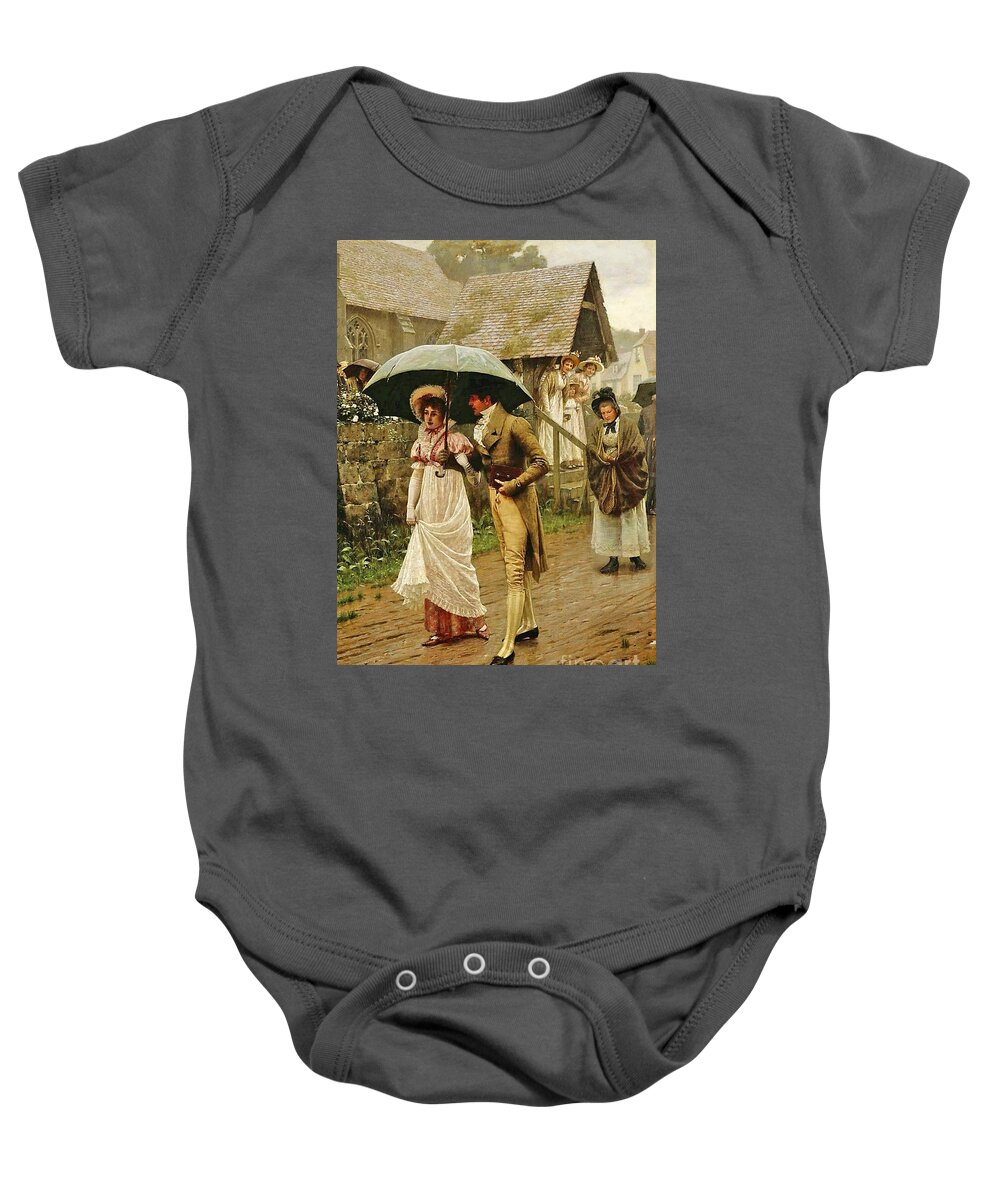 Edmund Blair Leighton - A Wet Sunday Morning Baby Onesie featuring the painting A Wet Sunday Morning by MotionAge Designs