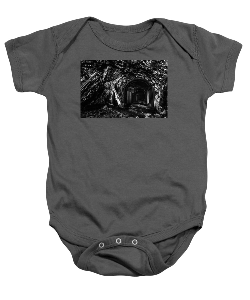 Tunnel Baby Onesie featuring the photograph Abandoned Railroad Tunnel Black and White by Pelo Blanco Photo