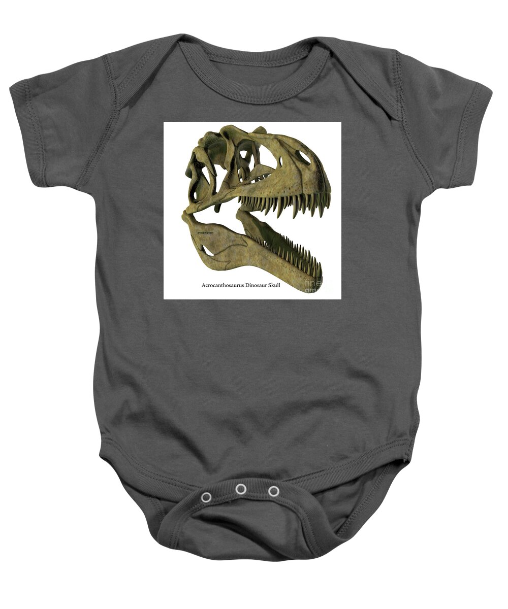 Acrocanthosaurus Baby Onesie featuring the digital art Acrocanthosaurus Skull with Font by Corey Ford