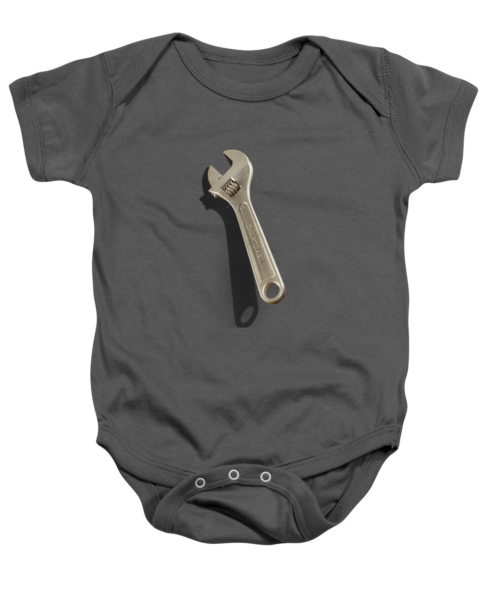 Industry Baby Onesie featuring the photograph Adjustable Wrench over Wood 72 by YoPedro