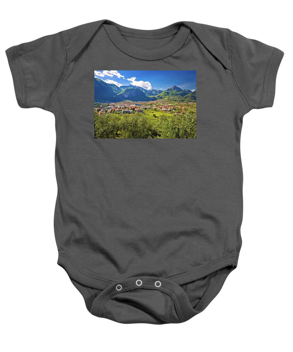 Alps Baby Onesie featuring the photograph Aerial view of Riva del Garda and italian Alps in South Tyrol re by Brch Photography