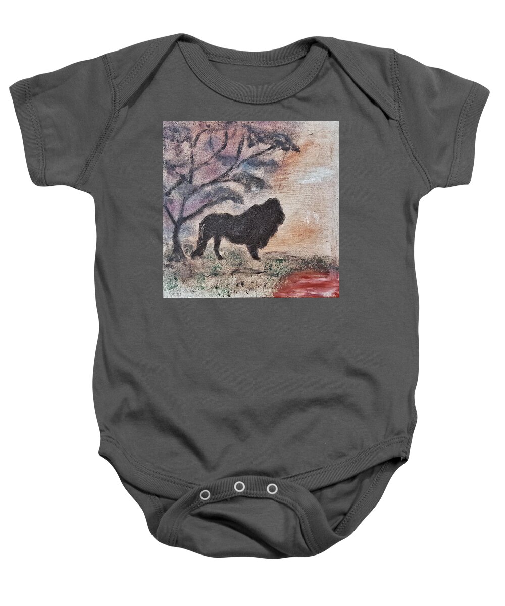 African Landscape Baby Onesie featuring the painting African Landscape lion and banya tree at watering hole with mountain and sunset grasses shrubs safar by MendyZ