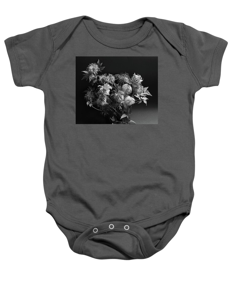 Clematis Baby Onesie featuring the photograph After the Flowers have Gone Monochrome by Jeff Townsend