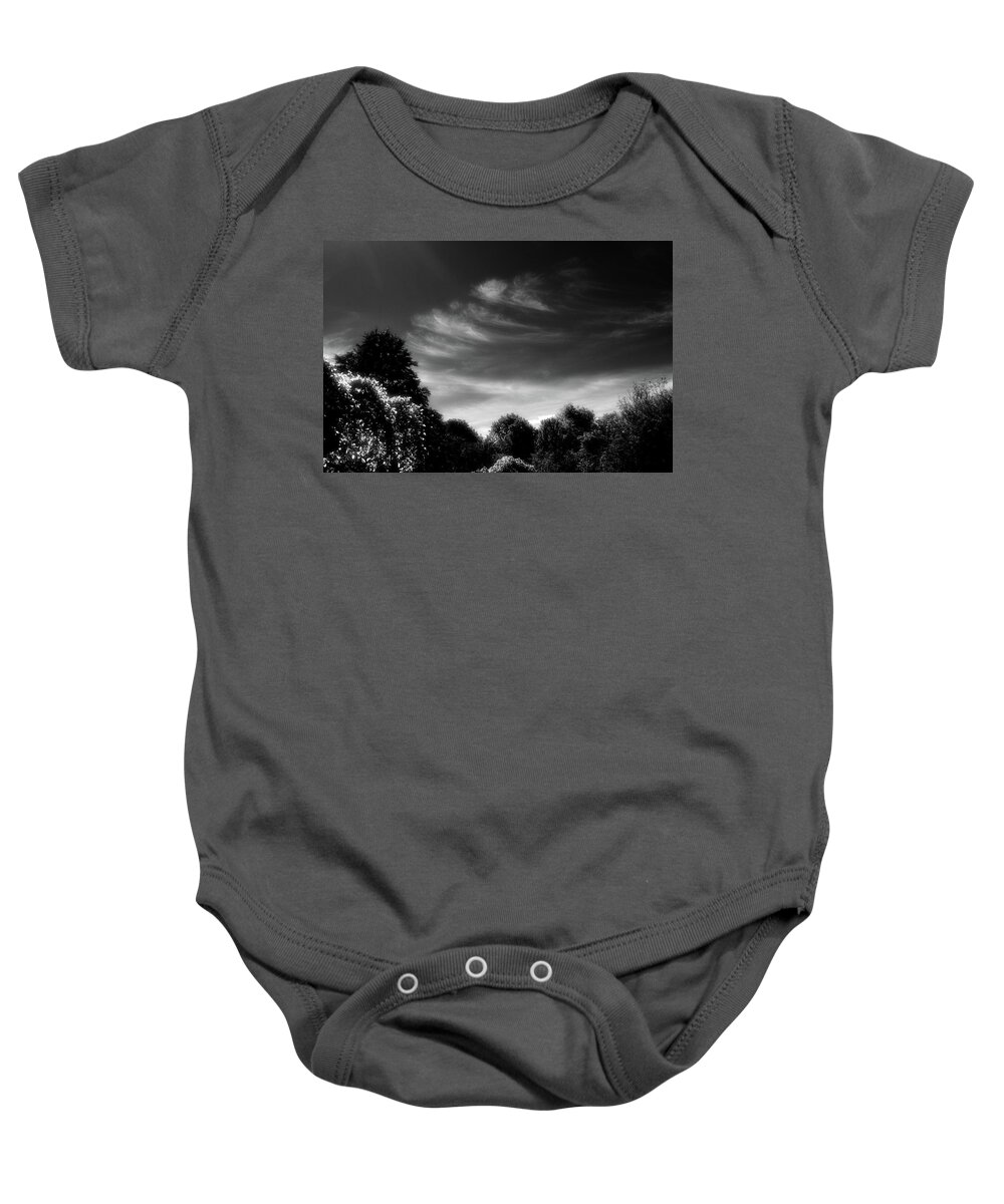 Black And White Baby Onesie featuring the digital art Afternoon Sky Above The Trees BW by Lyle Crump