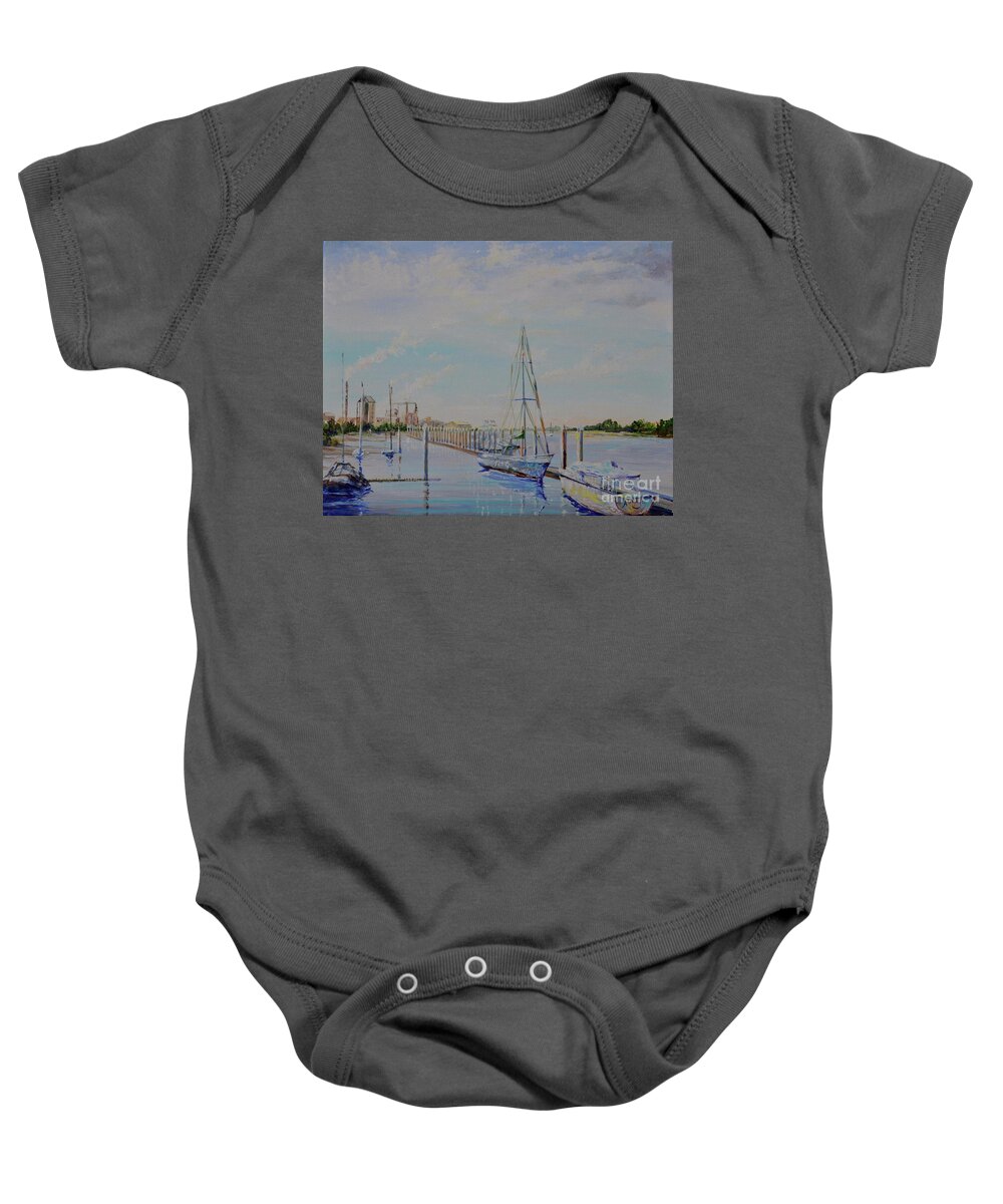 Smoke Baby Onesie featuring the painting Amelia Island Port by AnnaJo Vahle