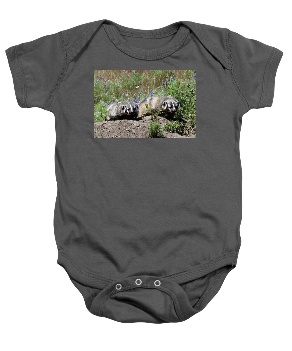 Badger Baby Onesie featuring the photograph American Badger Yellowstone USA by Bob Savage