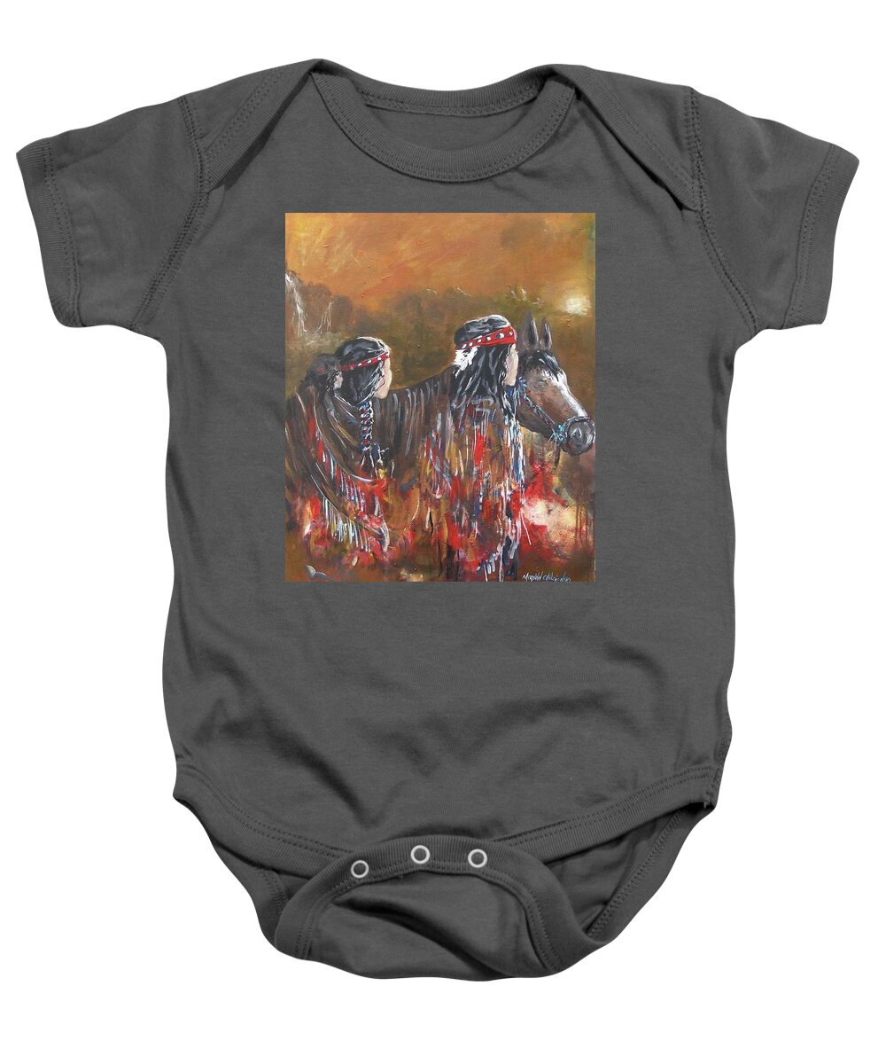 American Indian Family Apache Indians Horse Child Woman Man Walking Brown Sky Mountains Waterfall Wandering Evening Caring Sunset Red Colors Acrylic On Canvas Painting Print Blue Braid Tress Hair Feather American Native Culture Hair Band Baby Baby Onesie featuring the painting American Indians Family by Miroslaw Chelchowski
