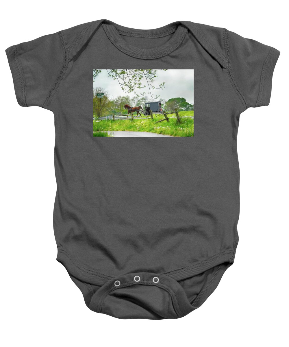 Amish Baby Onesie featuring the photograph Amish Buggy Along Ronks Road by Dyle Warren