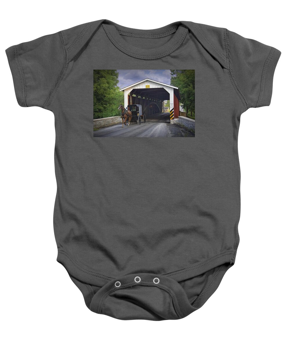 Art Baby Onesie featuring the photograph Amish Buggy with covered bridge by Randall Nyhof