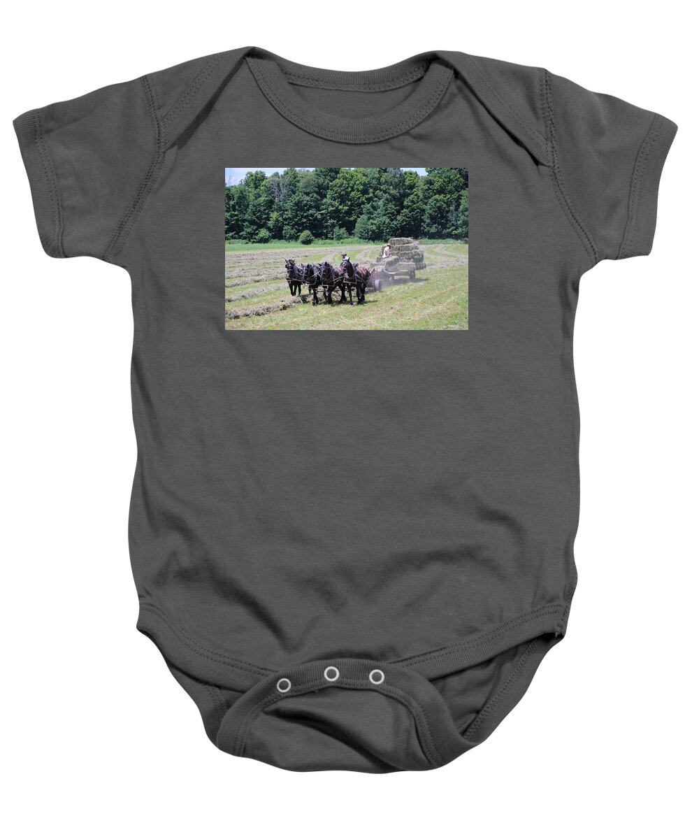 Horses Baby Onesie featuring the photograph Amish Hay Harvest by Rick Redman