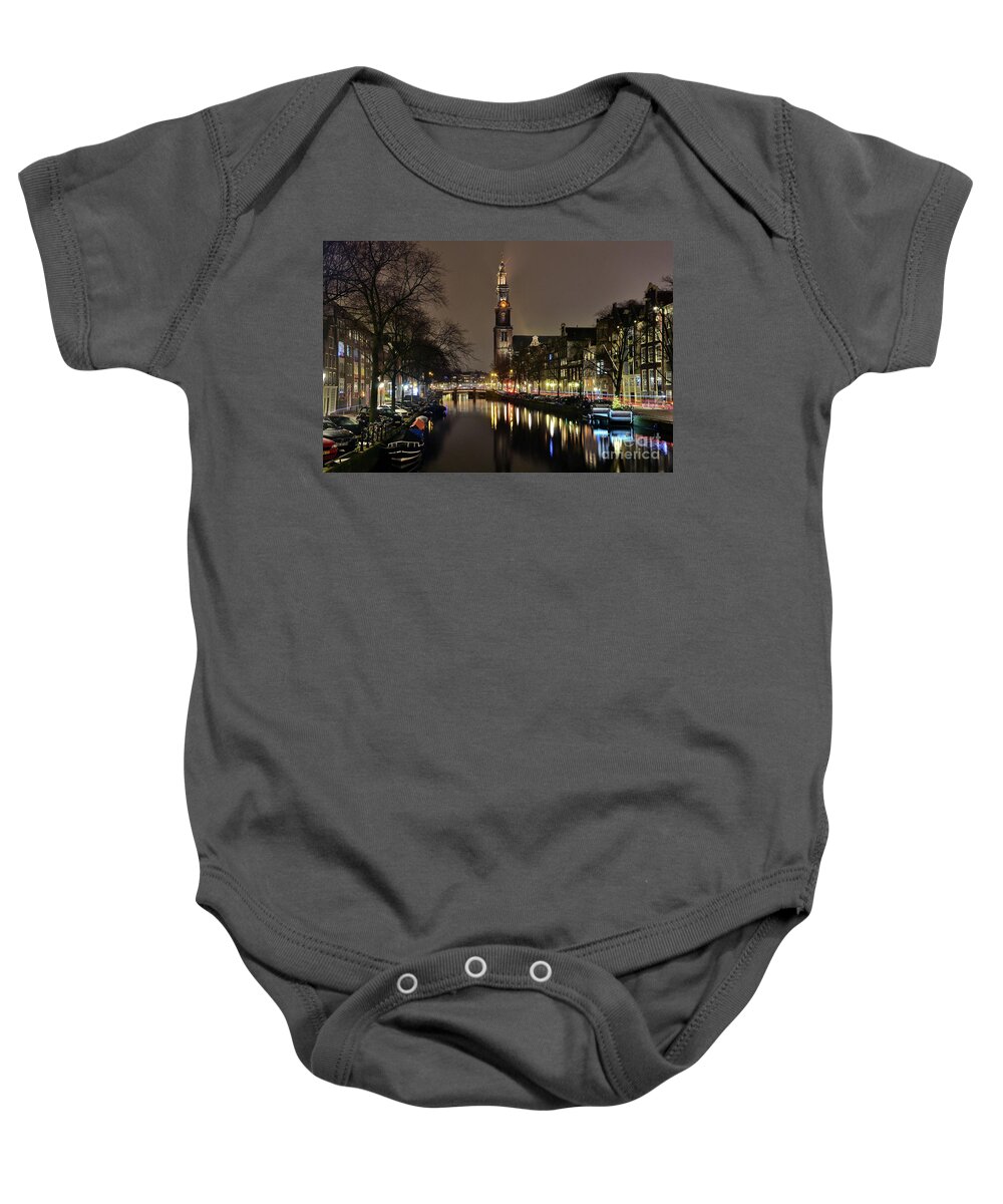Canal Baby Onesie featuring the photograph Amsterdam by night - Prinsengracht by Carlos Alkmin