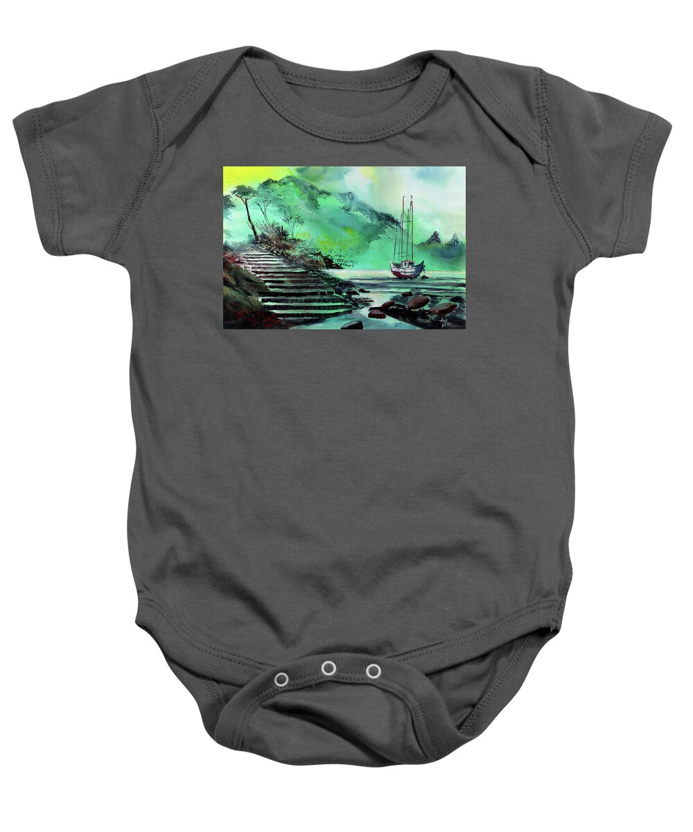 Nature Baby Onesie featuring the painting Anchored by Anil Nene
