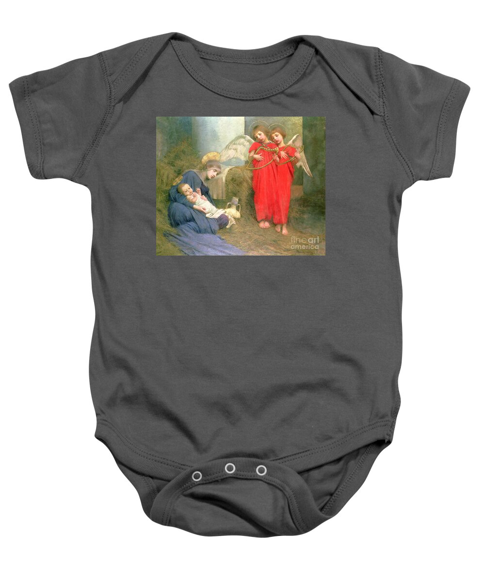 Stable; Lyre; Musical Instrument; Sleeping; Straw Baby Onesie featuring the painting Angels Entertaining the Holy Child by Marianne Stokes