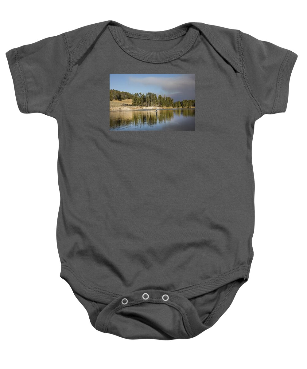 Carol M. Highsmith Baby Onesie featuring the photograph Angler amidst gorgeous surroundings and a calm river in the Yellowstone in Wyoming by Carol M Highsmith