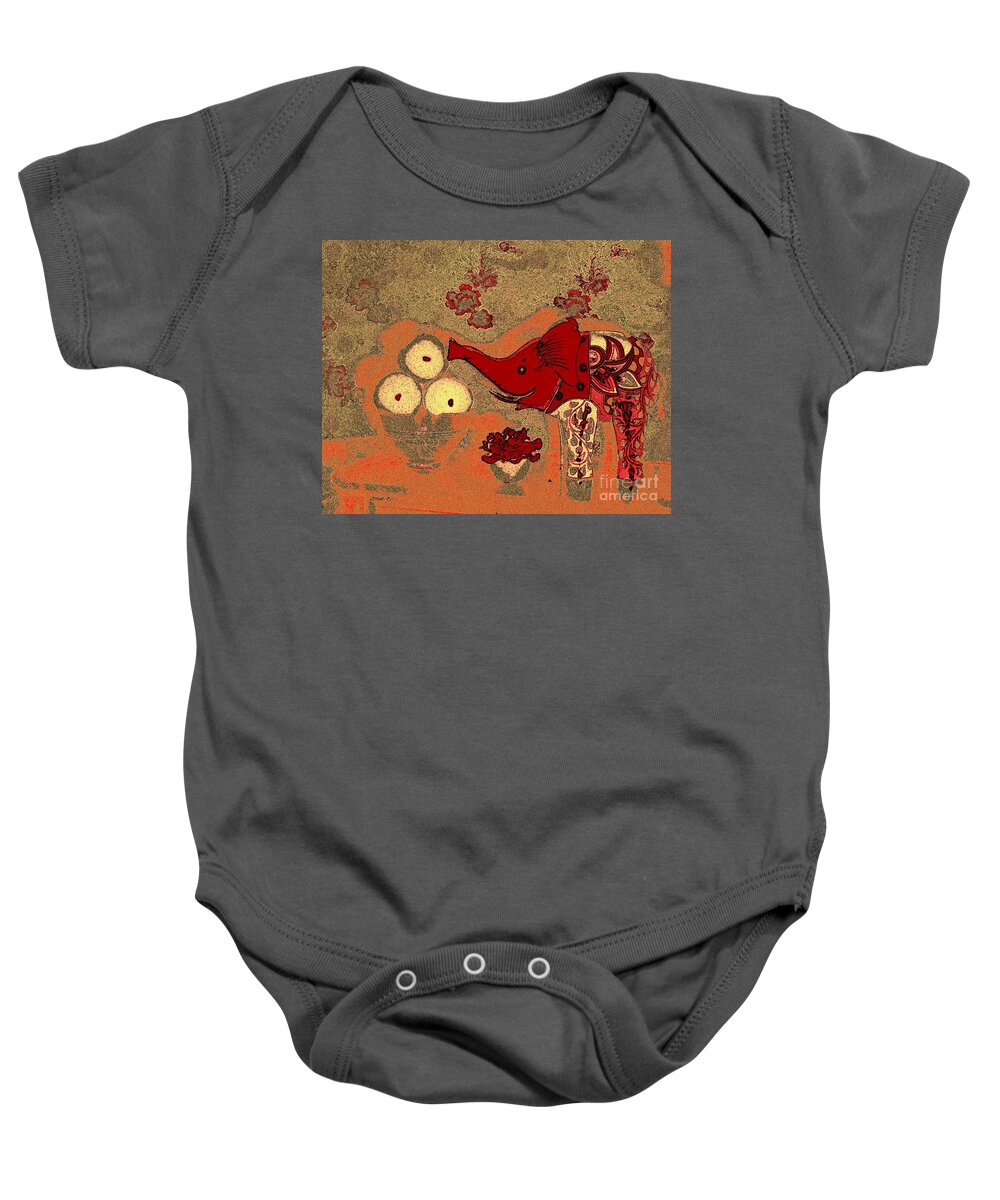 Elephant Baby Onesie featuring the photograph Antique Gold Jumbo Lunch by Jayne Somogy