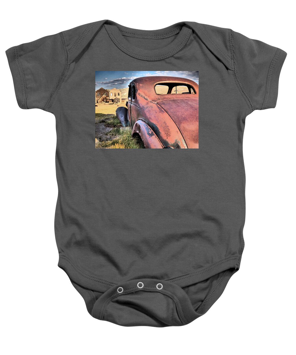 Car Baby Onesie featuring the photograph Antique Rusted Red Car by Alan Socolik