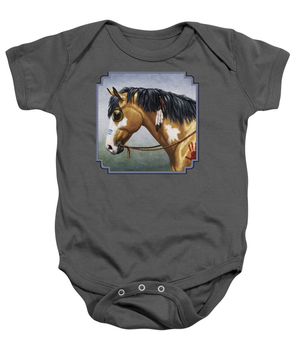 Horse Baby Onesie featuring the painting Buckskin Native American War Horse by Crista Forest