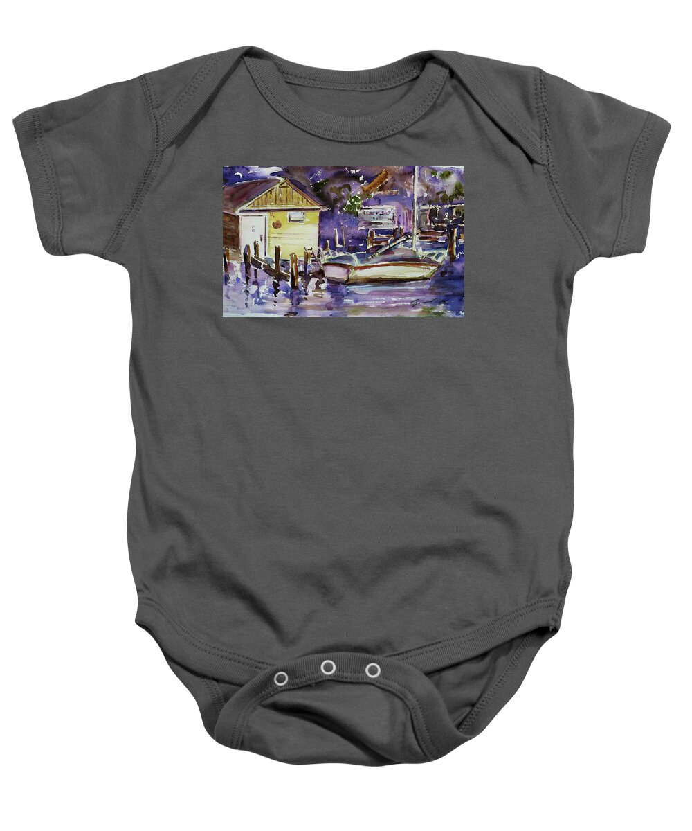 Boathouse Baby Onesie featuring the painting At Boat House 3 by Xueling Zou