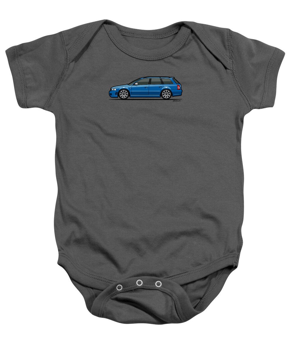 Station Wagon Baby Onesie featuring the mixed media Audi RS4 A4 Avant Quattro B5 Type 8d Wagon Nogaro Blue by Tom Mayer II Monkey Crisis On Mars