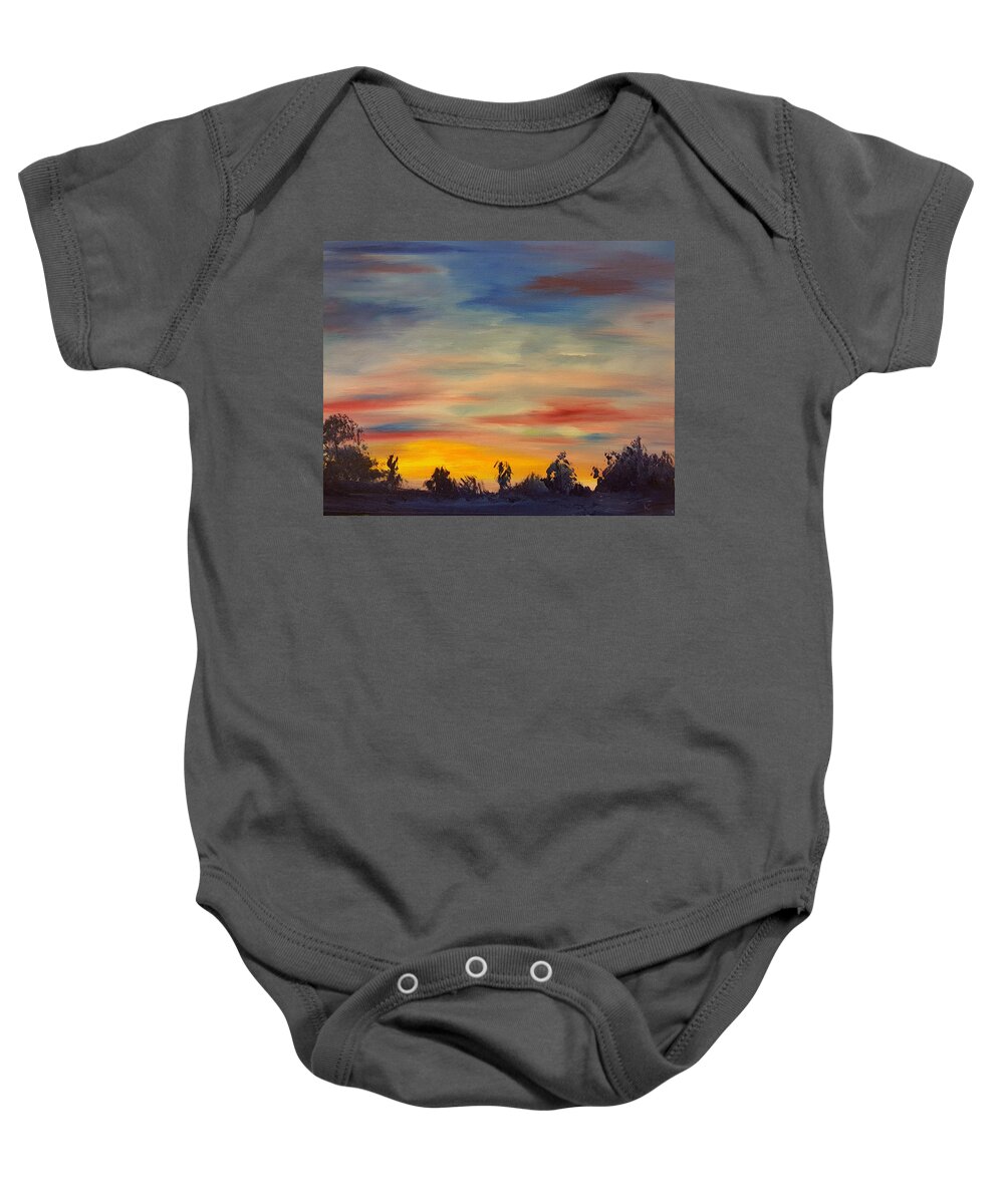Augusts Sunset Baby Onesie featuring the painting August Sunset in SW Montana by Cheryl Nancy Ann Gordon