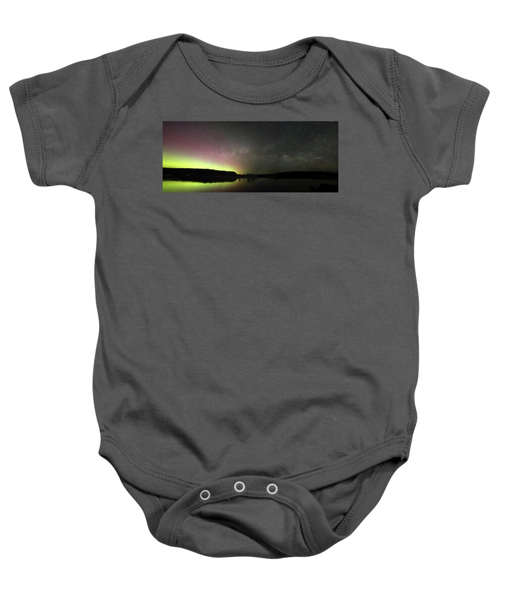 Aurora Baby Onesie featuring the photograph Aurora Borealis and Milky Way over Yellowstone River by Jean Clark