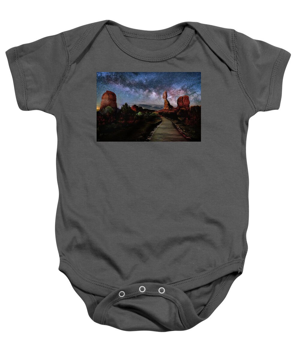 Milky Way Baby Onesie featuring the photograph Balanced Rock Milky Way by Michael Ash