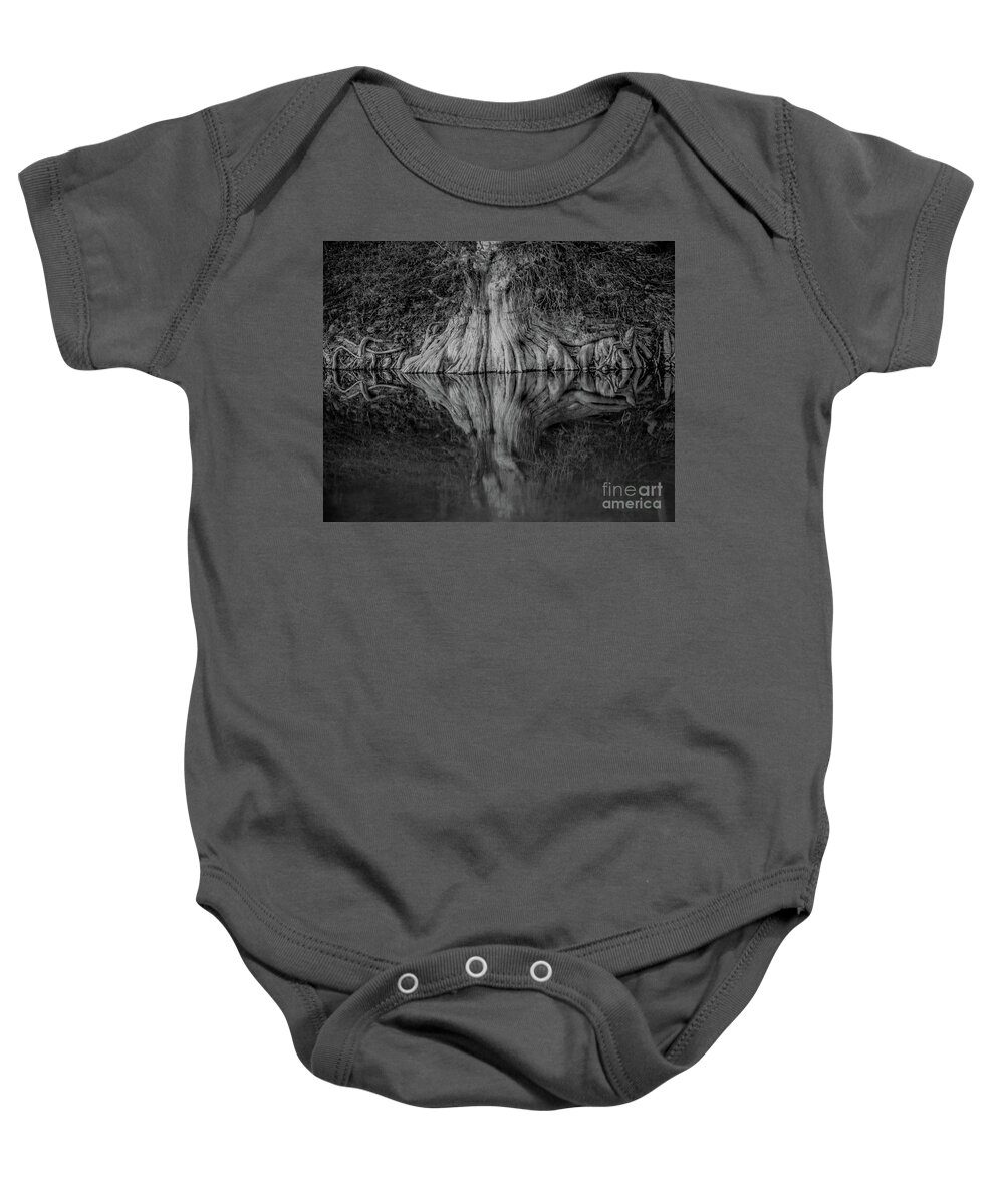 Bald Cypress Reflection In Black And White Michael Tidwell Guadalupe River Mike Tidwell Baby Onesie featuring the photograph Bald Cypress Reflection in Black and White by Michael Tidwell
