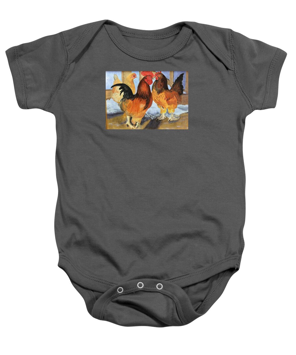 Chickens Baby Onesie featuring the painting Banties First Snow by Paula Emery