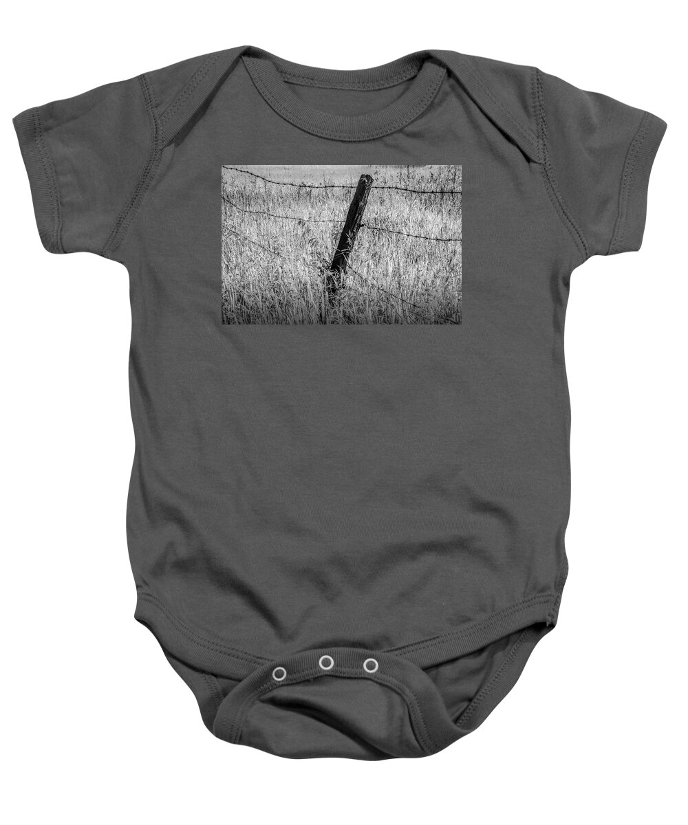 Fence Baby Onesie featuring the photograph Barb Wire Fence in Infrared Blackand White by Randall Nyhof