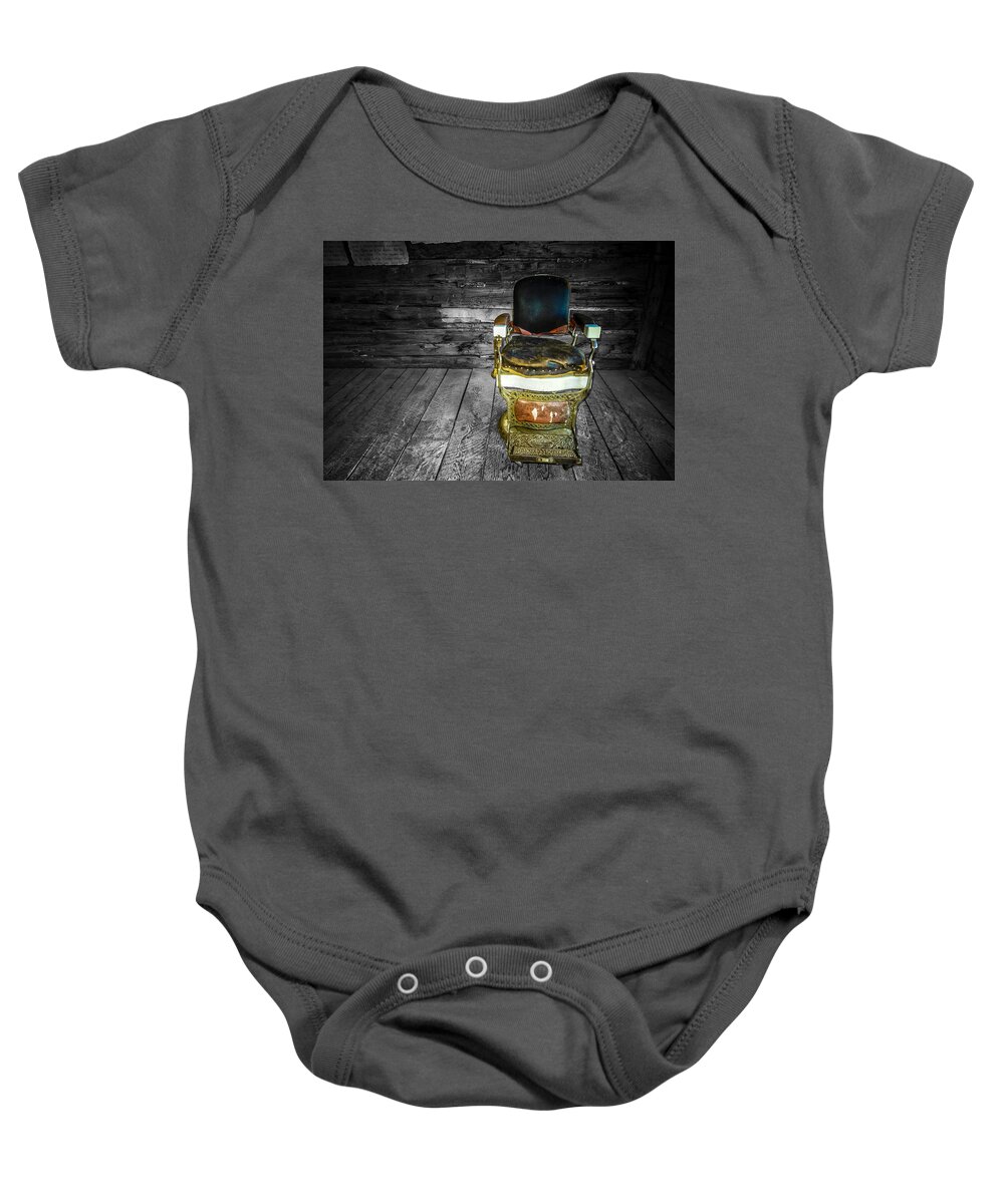 Selective Color Baby Onesie featuring the photograph Ghost Town Barber Chair No. 1 by Sandra Selle Rodriguez