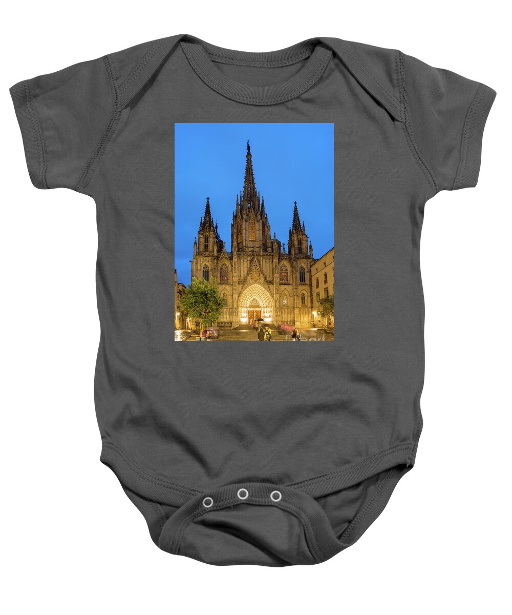 2017 Baby Onesie featuring the photograph Barcelona Cathedral at night by Andrew Michael