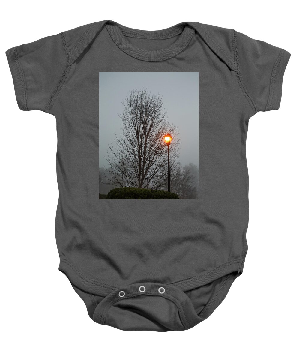 Bare Baby Onesie featuring the photograph Bare Tree and Street Light in Early Morning Fog by Darryl Brooks