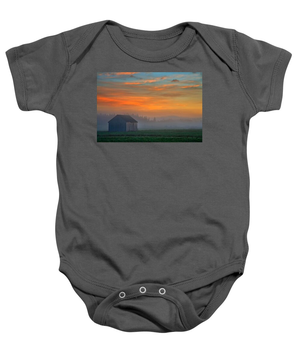 Dawn Baby Onesie featuring the photograph Barn and Mist at Dawn by Irwin Barrett