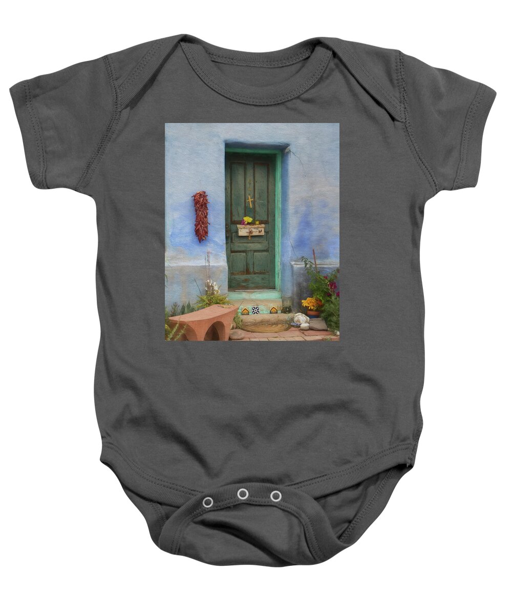 Architecture Baby Onesie featuring the photograph Barrio Door Painted by Teresa Wilson